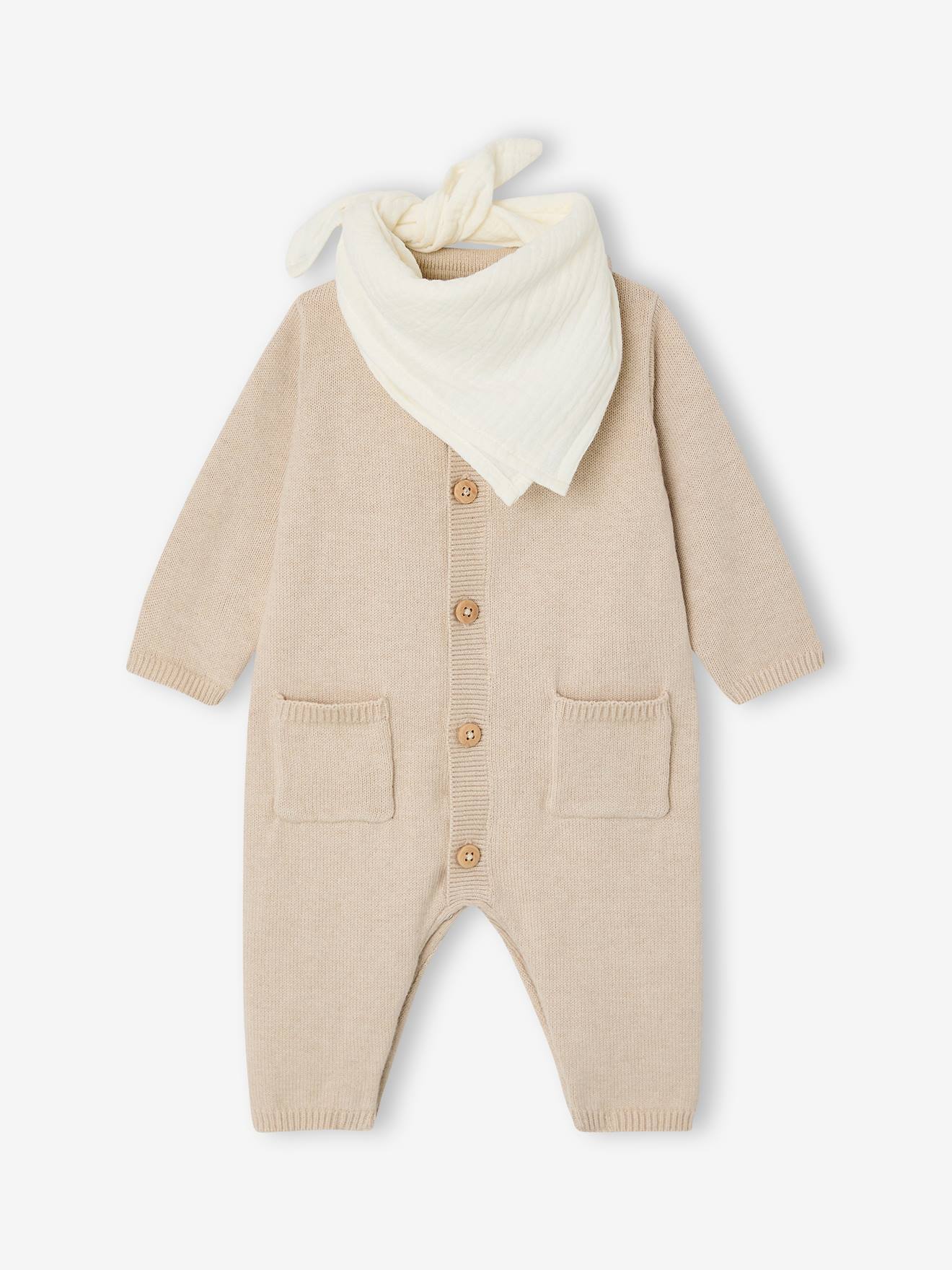 Coffret bébé combinaison tricot et bandana beige chiné