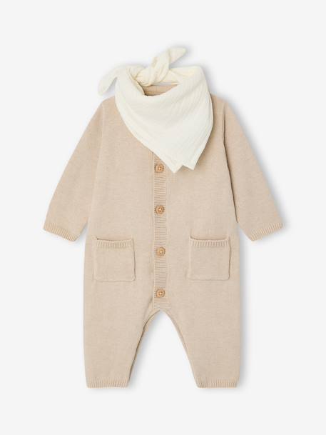 Vertbaudet - Coffret bébé combinaison tricot et bandana beige chiné