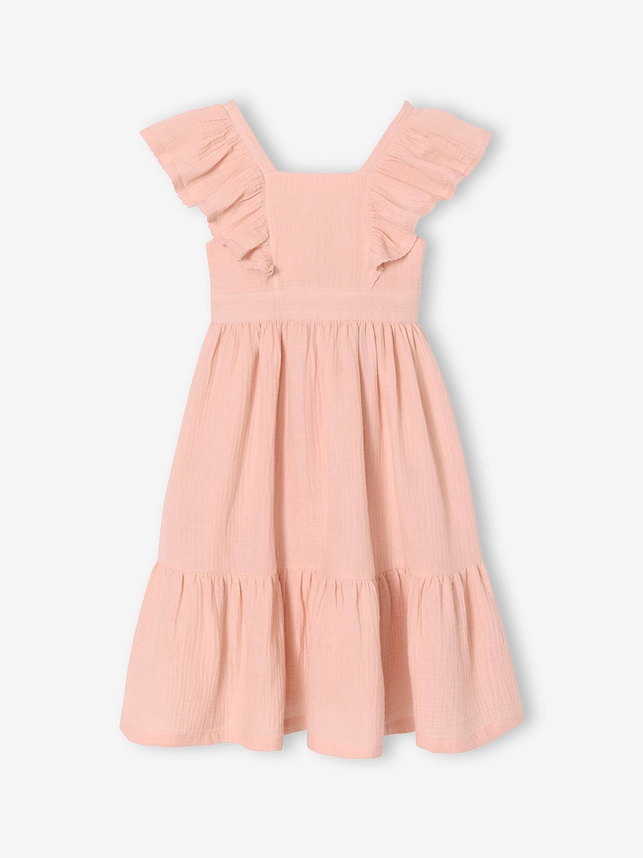 Robe fille mi-longue gaze de coton rose pâle