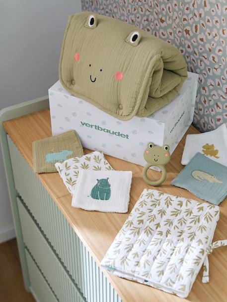 Vertbaudet - Coffret cadeau naissance 8 pièces : 1 hochet, 1 tapis à langer nomade, 5 lingettes, 1 pochette bayou