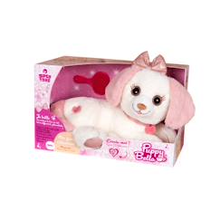 Jouet-Premier âge-Peluche interactive 30 cm, chien puppy bell,  rose et blanc, vendue en boîte cadeau