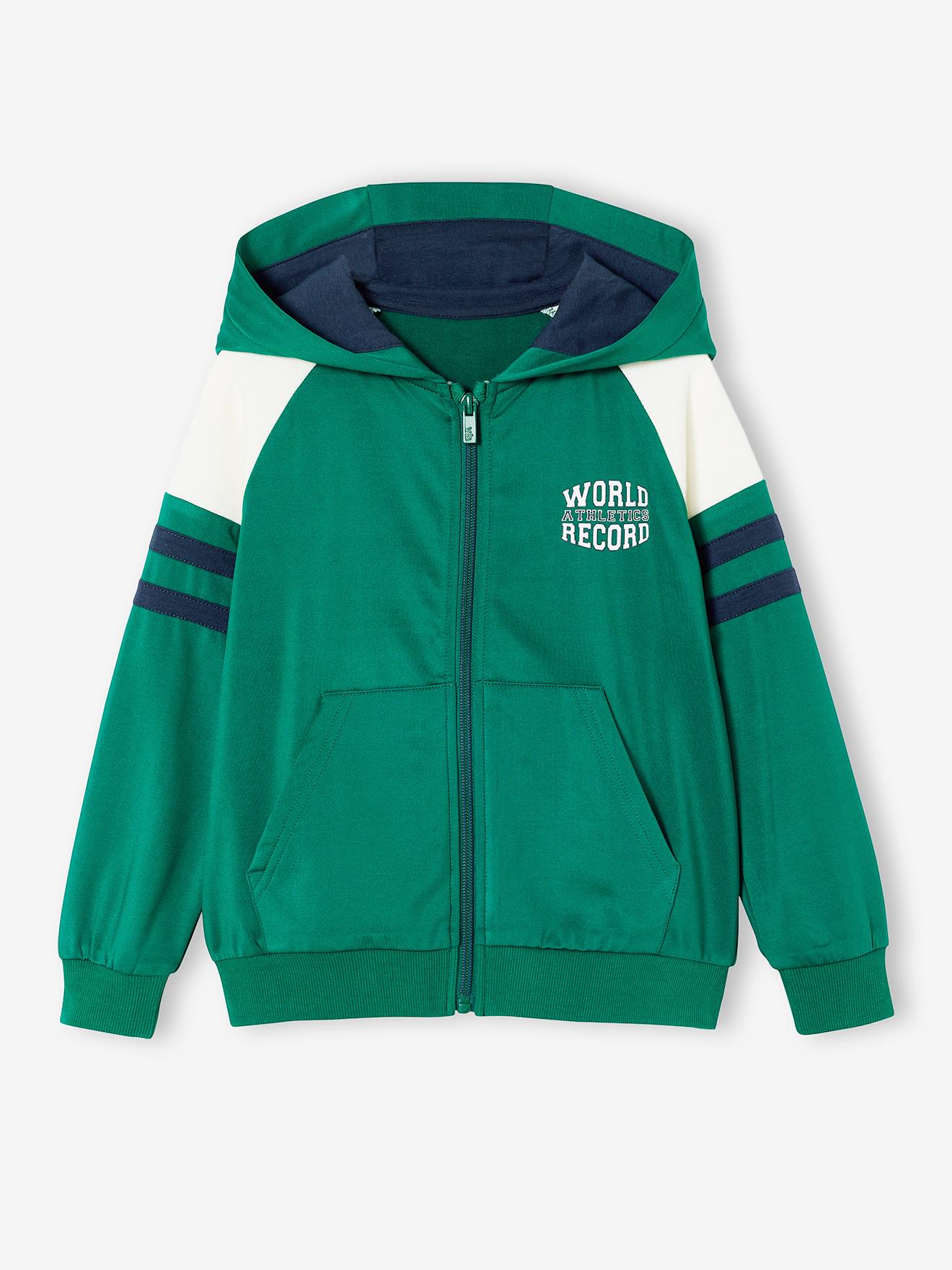 Sweat garçon zippé à capuche sport manches raglan vert