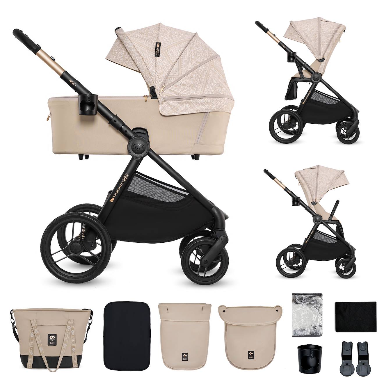 Poussette 2 En 1 Légère Pliage Compact + Nacelle Et Siège Poussette Réversible Beige/sable