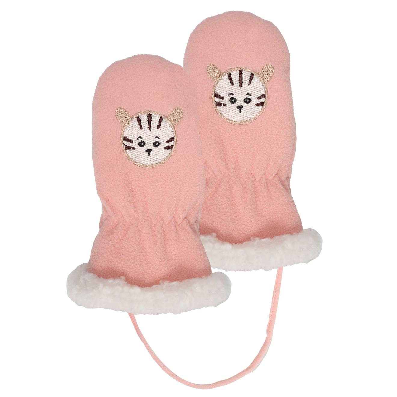 Gants 2/4 Ans En Polaire,doublés Imitation Fourrure, Relié Par Un Cordon Rose