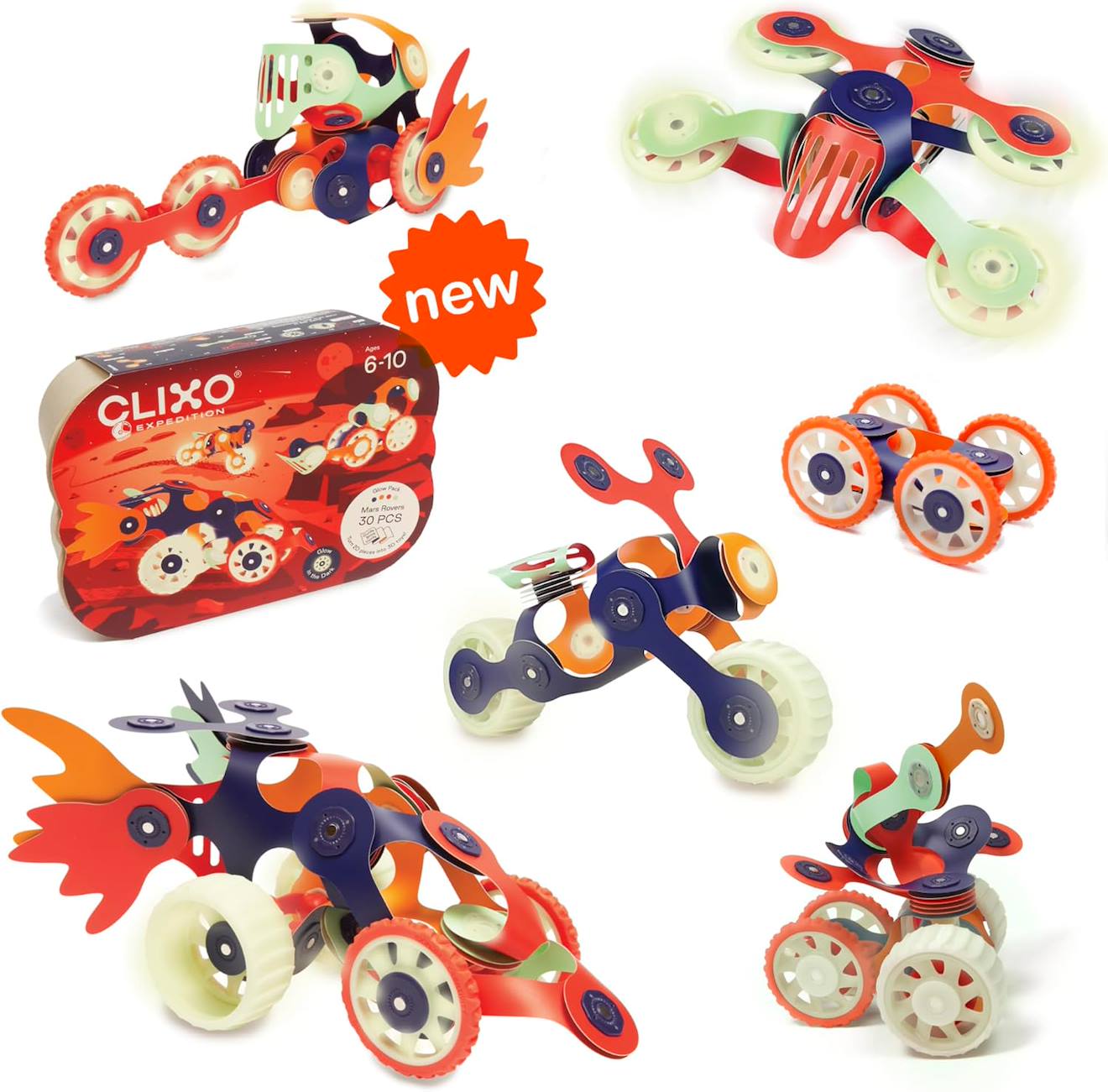 Mars Rovers - Clixo - Jeu De Construction Phosphorescent, Magnétique, Flexible, Durable Et Imaginatif – 30 Pièces – Dès 6 Ans Orange