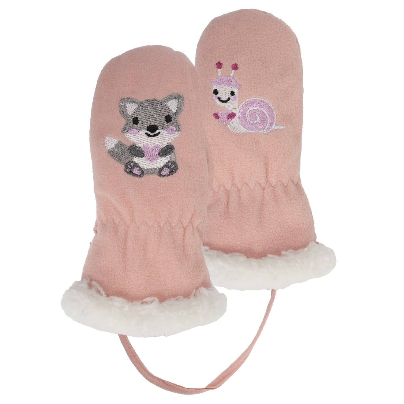Gants 2/4 Ans En Polaire,doublés Imitation Fourrure, Relié Par Un Cordon Rose Escargot