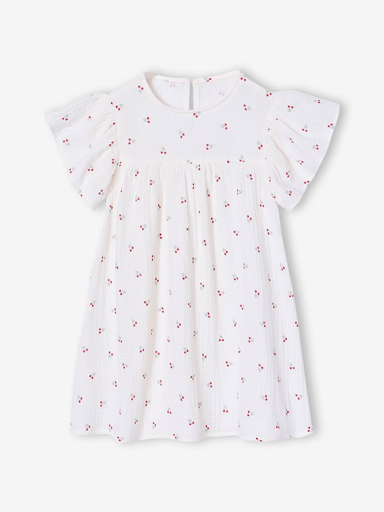 Robe fille en gaze de coton imprimée beige imprimé