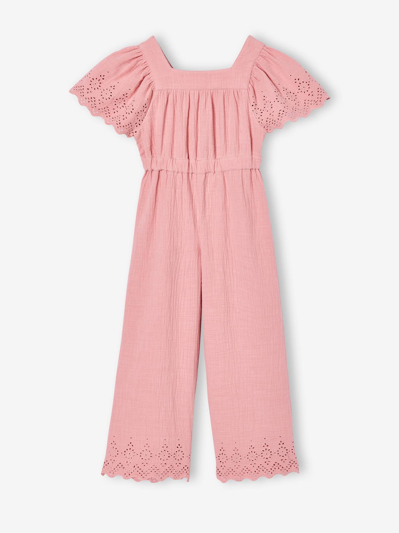 Combinaison fille en gaze de coton avec broderie blush
