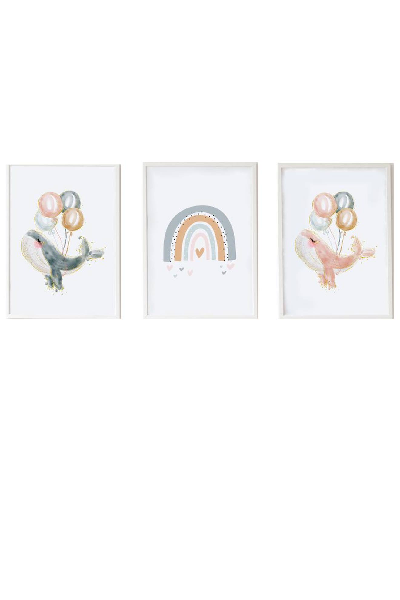 Lot 3 Cadres Muraux Enfant Baleines Ballon Multi Coloured