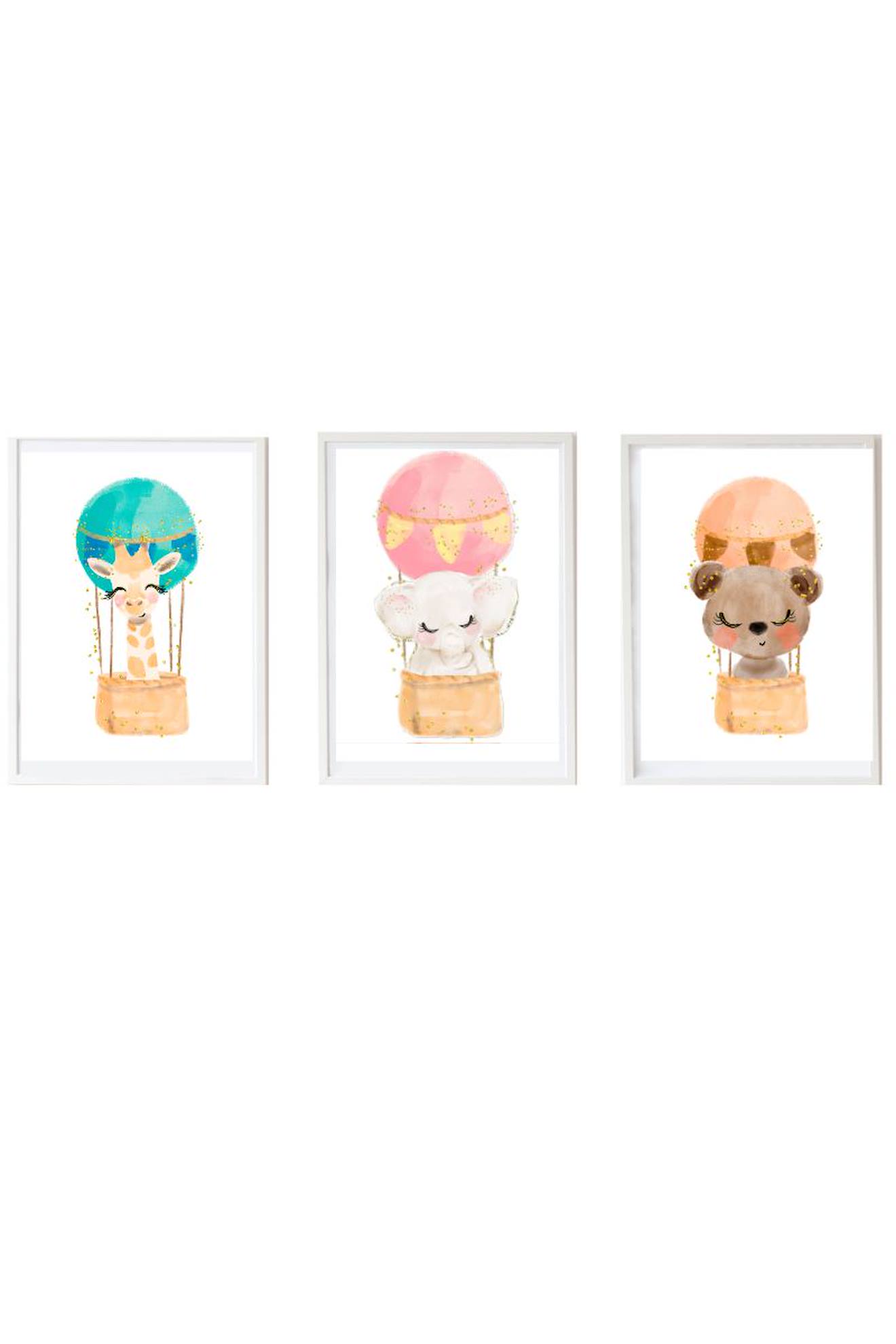 Lot 3 Cadres Muraux Enfant Éléphant + Girafe + Ours Multi Coloured