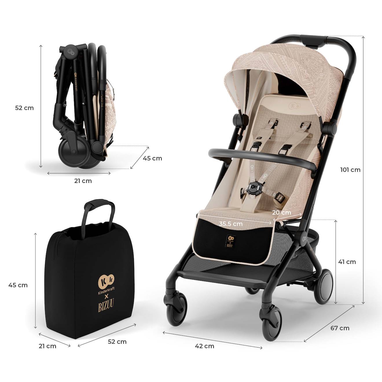 Poussette Canne Interbaby Compacte De La Naissance à 48 Mois - Beige, Pliage Rapide Et Capote XXL