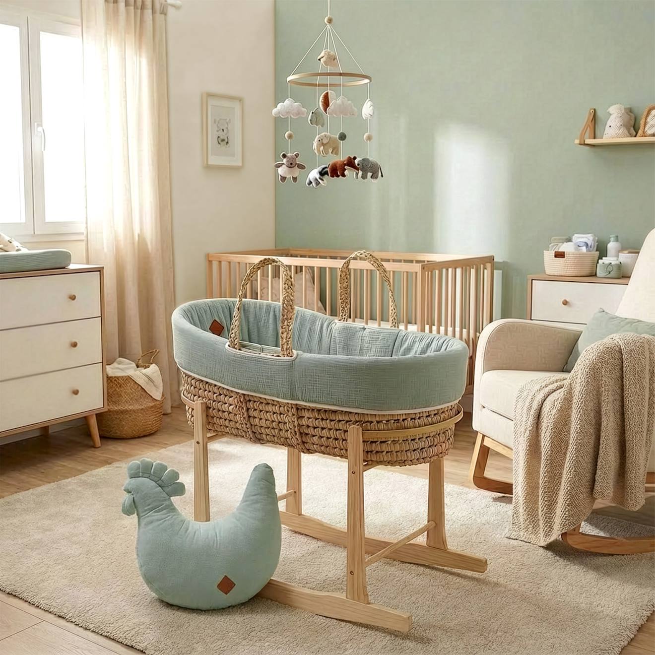 Couffin Bébé Avec Matelas Habillage Et Drap Housse Jeanne Vert De Gris (Sevira Kids) - Image 1