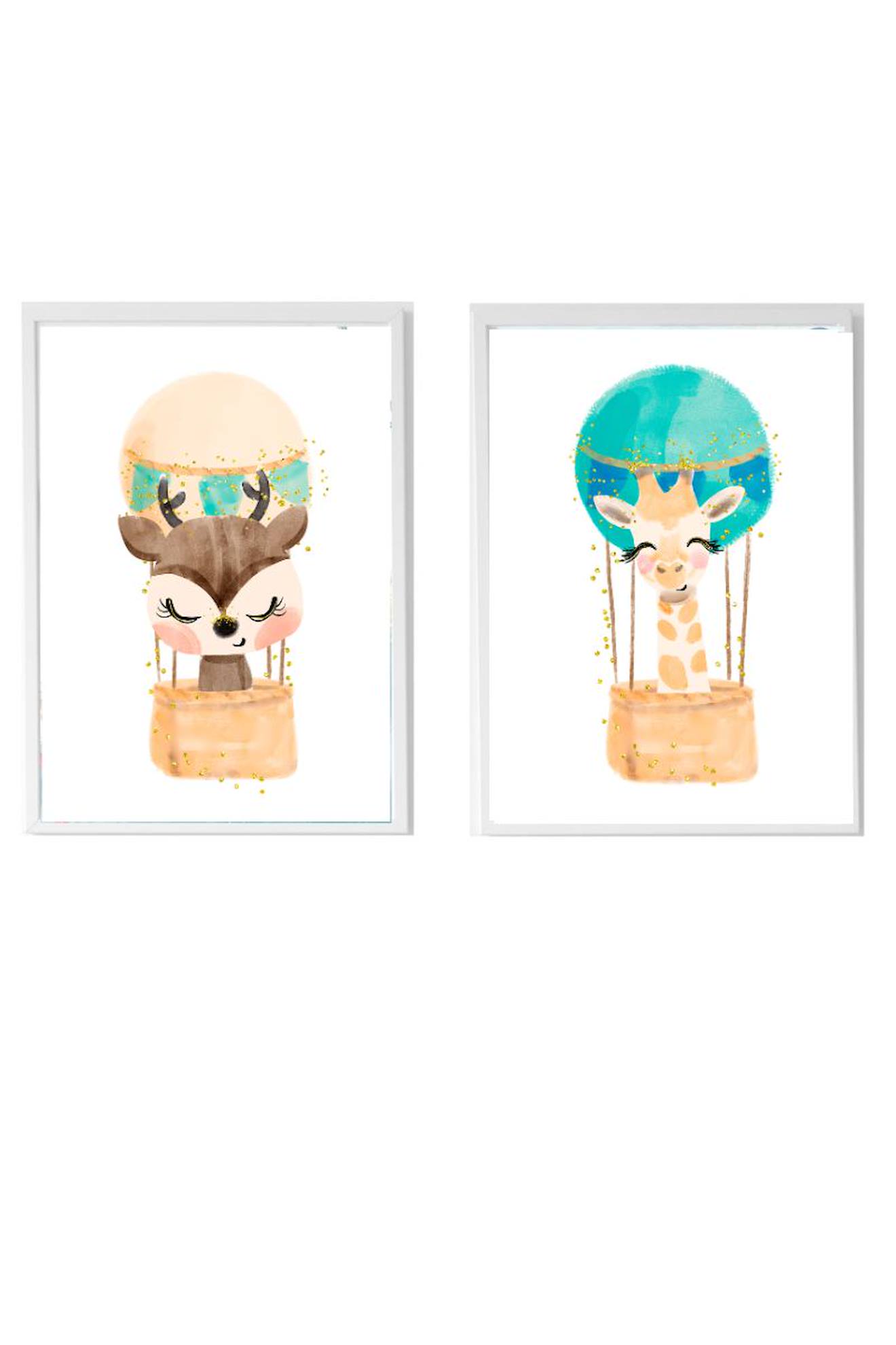 Lot 2 Cadres Muraux Enfant Cerf + Girafe Multi Coloured