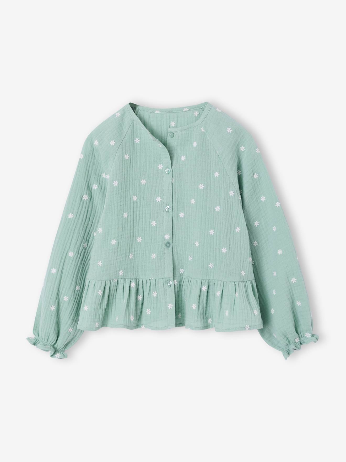 Chemise fille en gaze de coton vert deau 11$