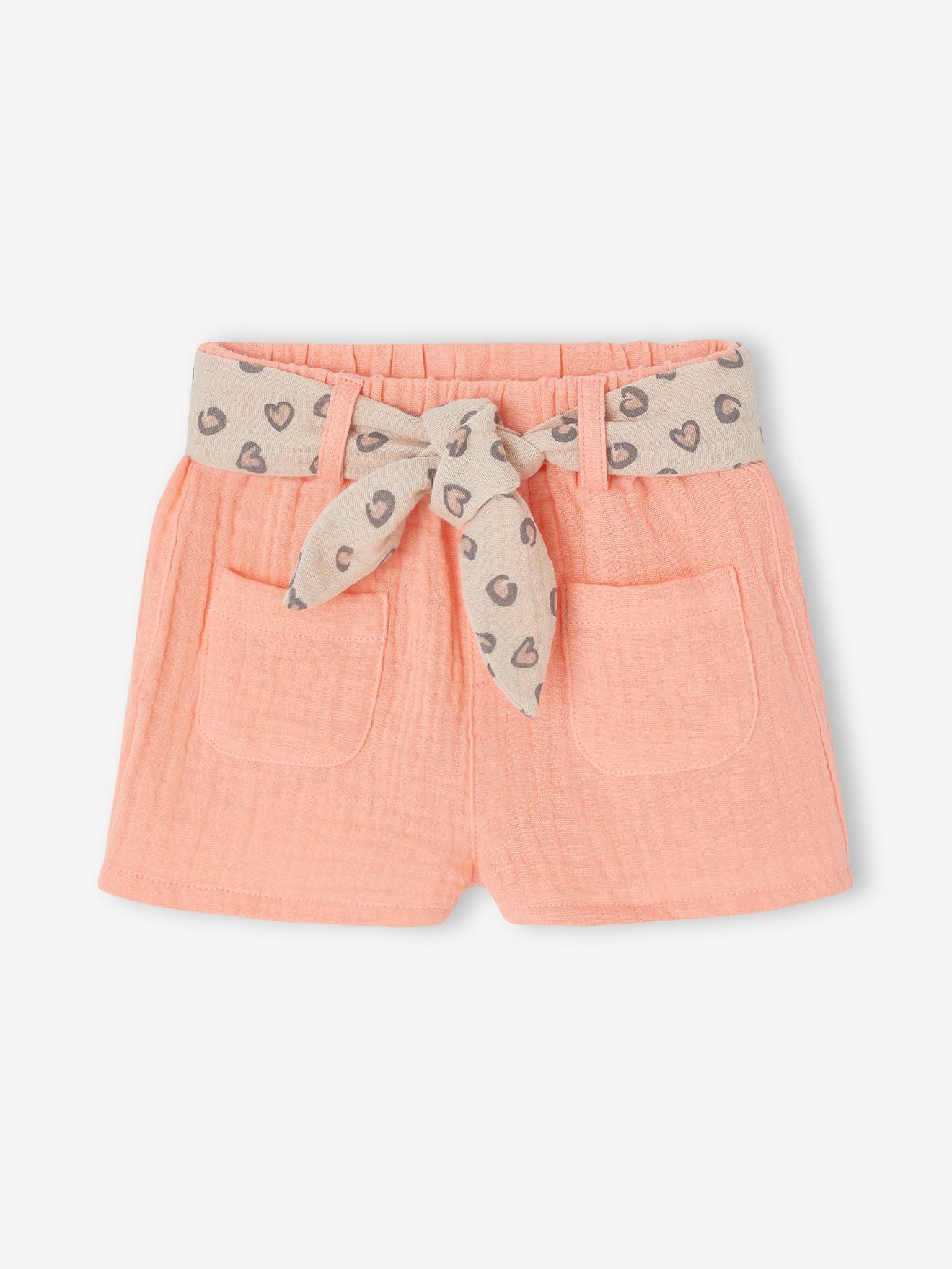 Short bébé fille avec ceinture imprimée corail