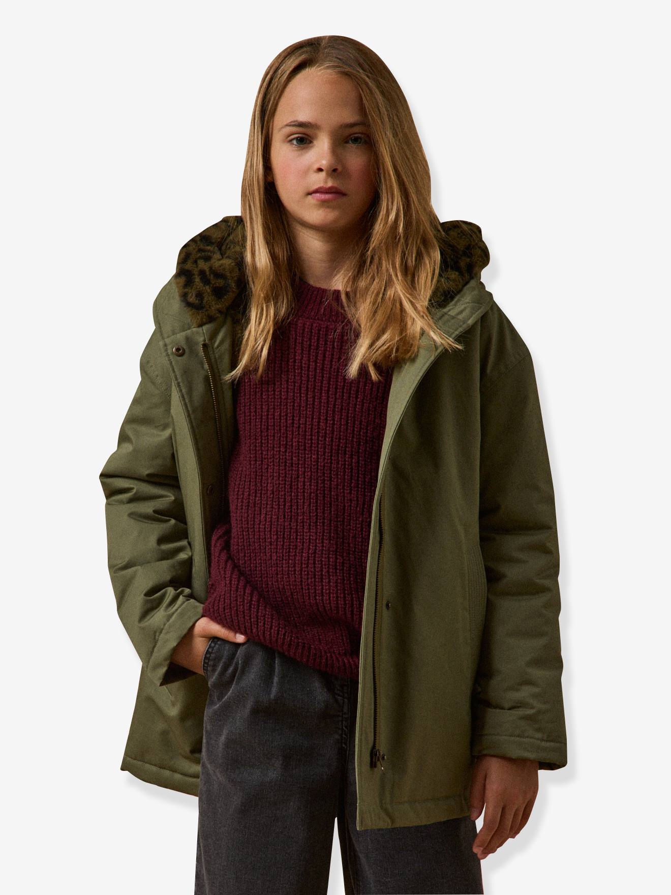 Parka courte fille doublée léopard vert
