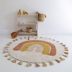 -Tapis enfant coton lavable arc en ciel avec pompons rainbow
