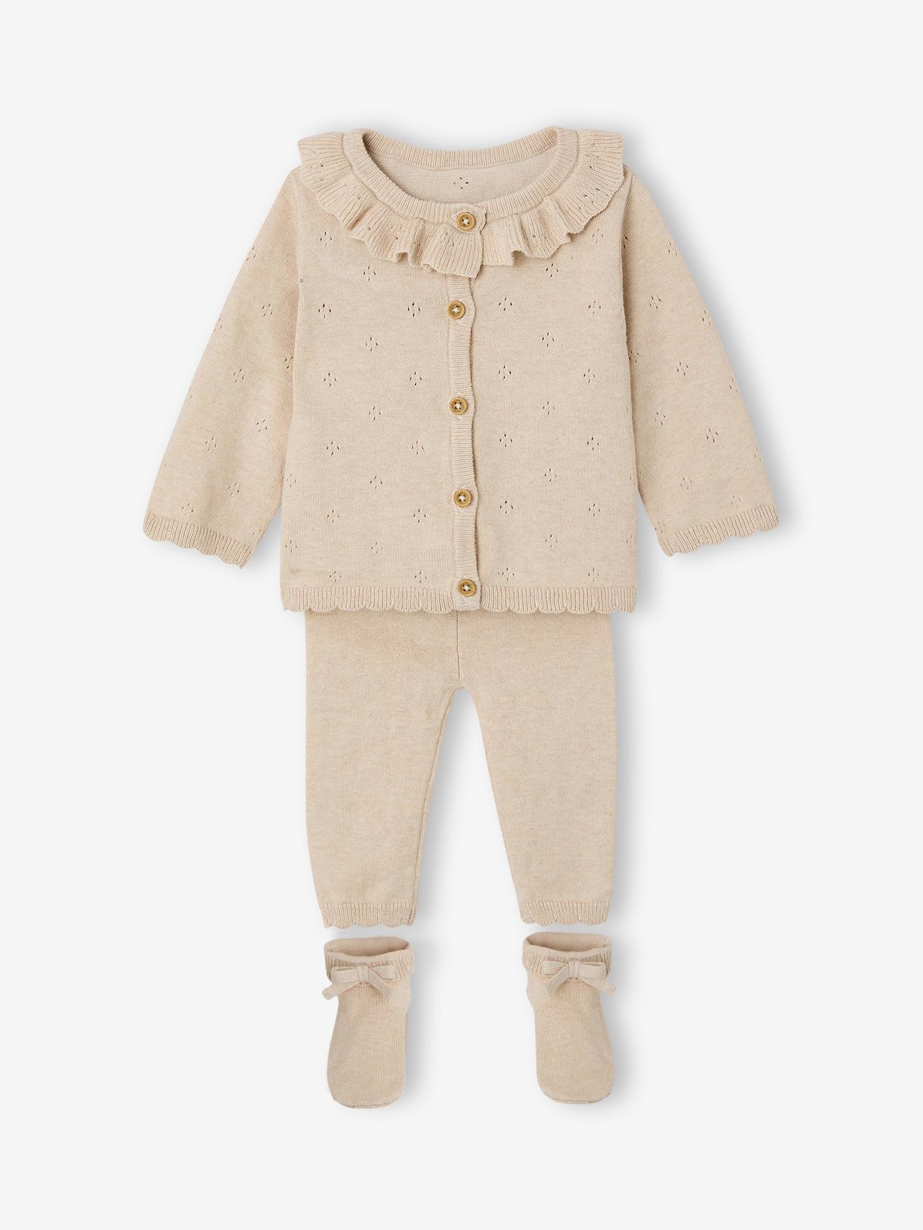 Coffret ensemble bébé fille tricot 3 pièces beige chiné