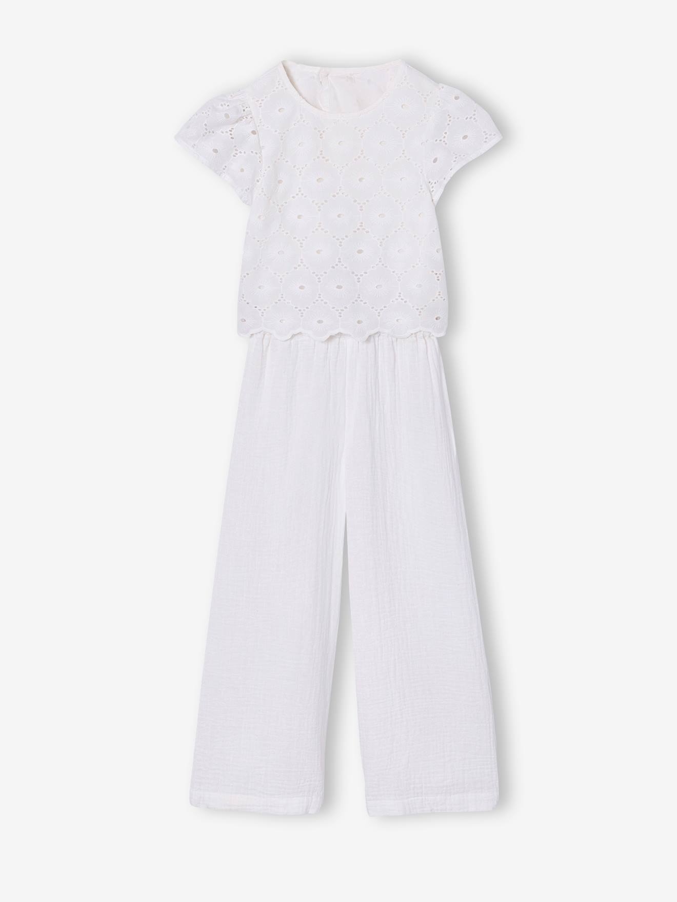 Combinaison pantalon fille en broderie anglaise blanc
