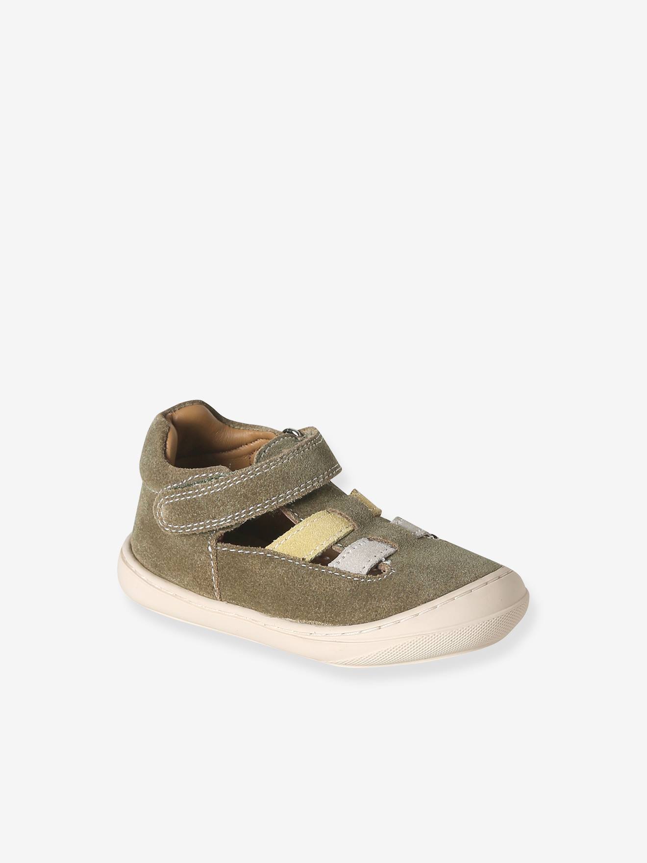 Chaussures premiers pas bébé à scratchs kaki