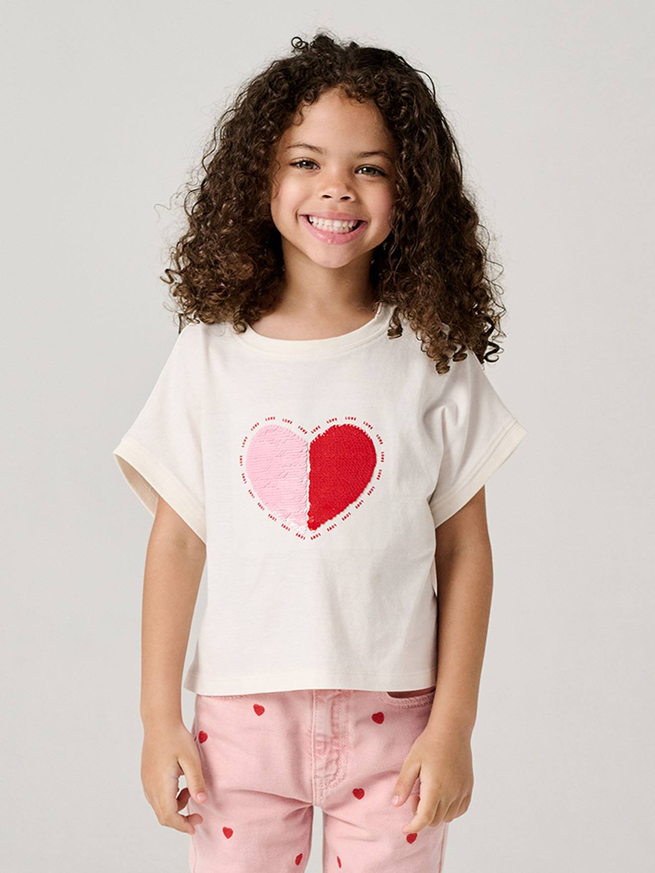 T-shirt fille motifs sequins écru