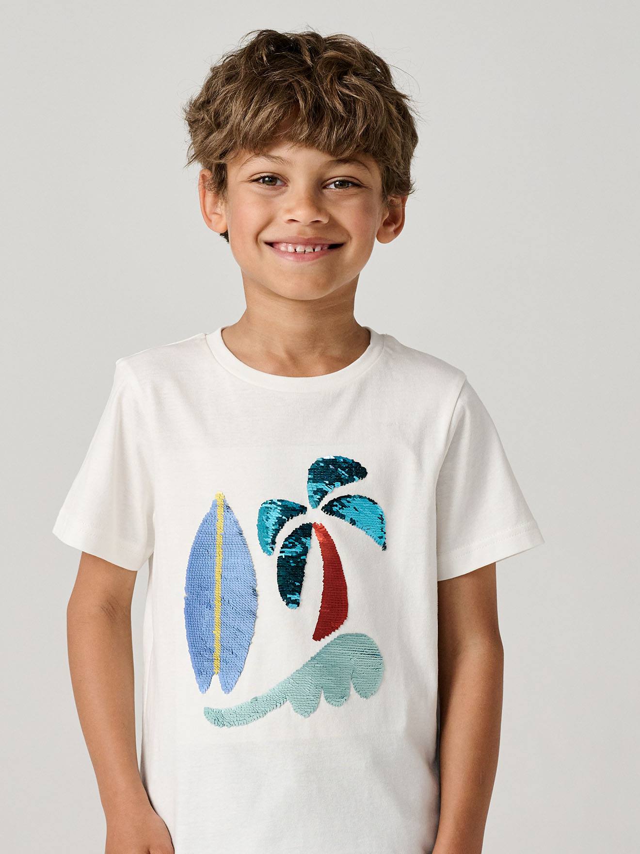 Tee-shirt garçon motif à sequins réversibles écru