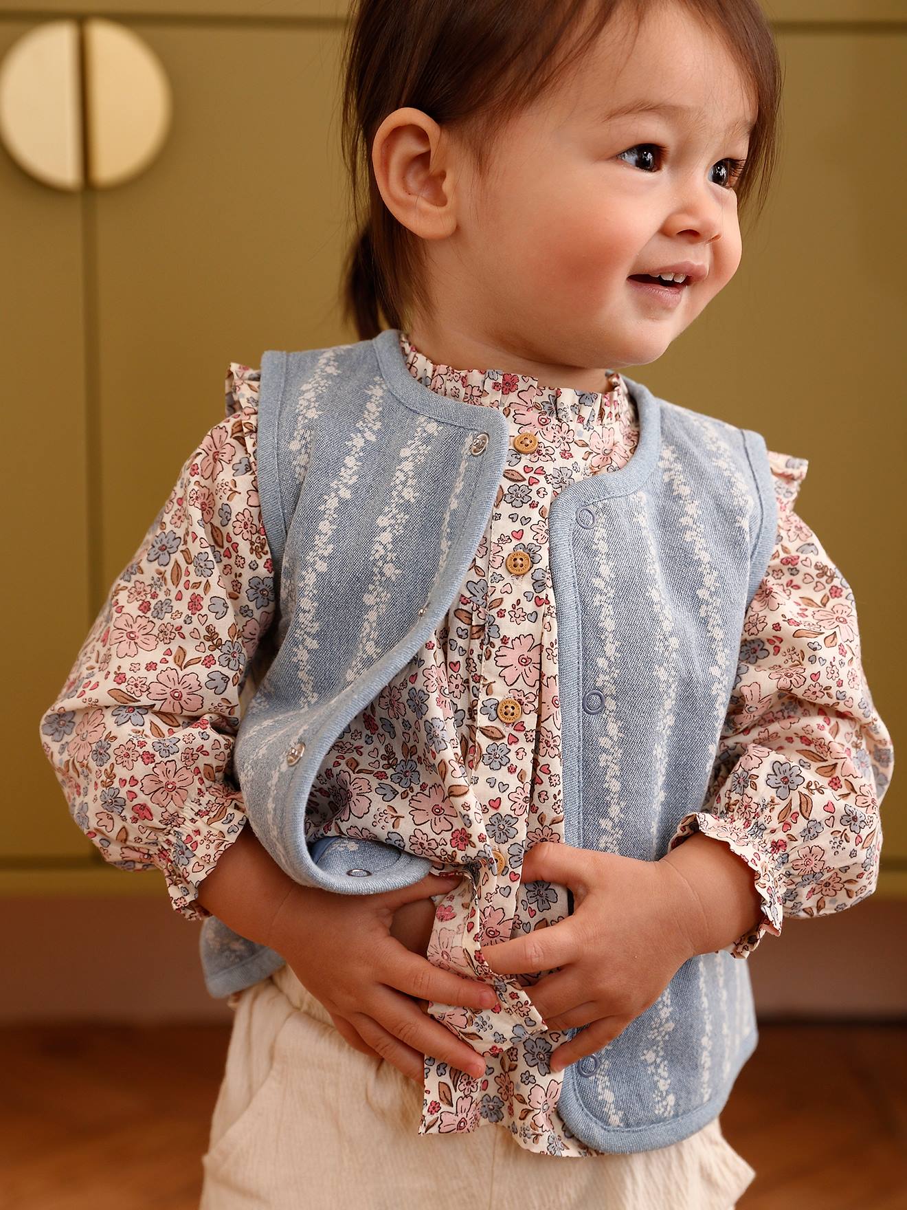 Gilet bébé sans manche denim fleurs stone