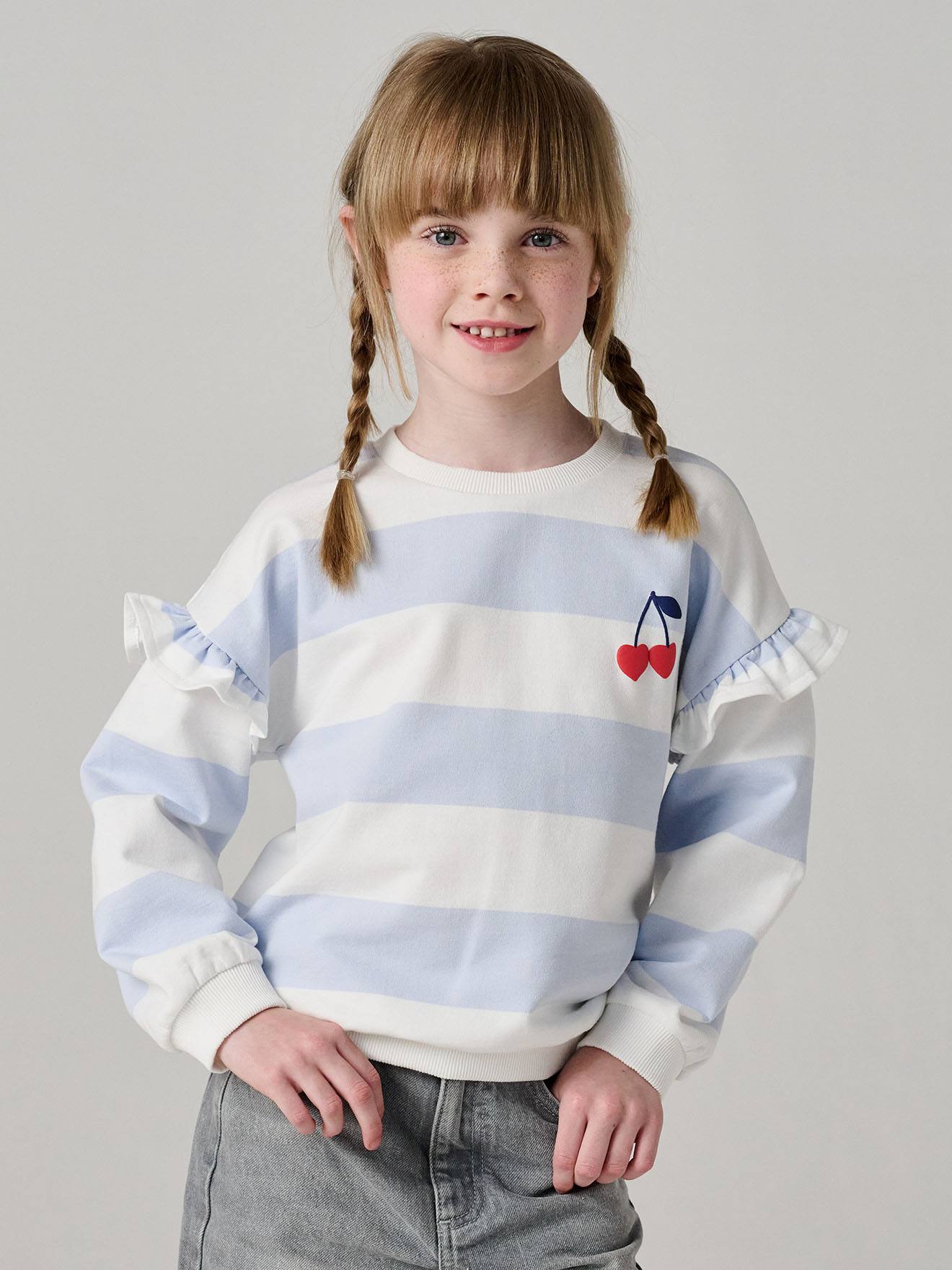 Sweat fille rayé manches à volants bleu pâle