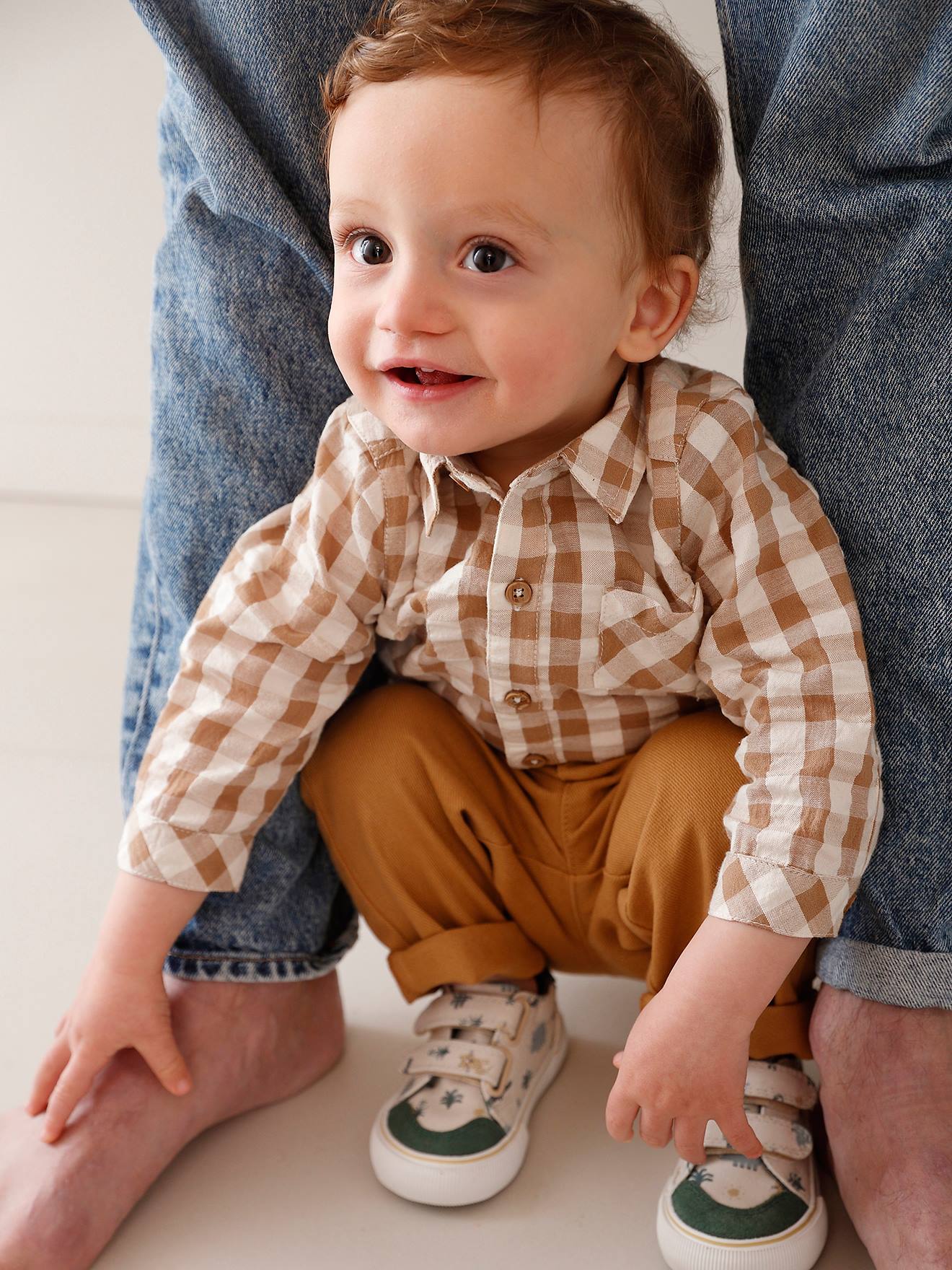 Chemise bébé garçon gaze de coton carreaux beige