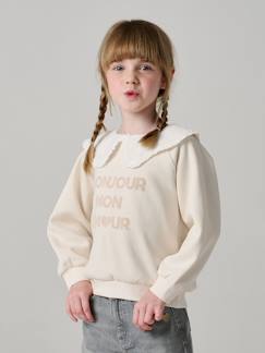 Sweat fille col brodé message flock velours  - vertbaudet enfant