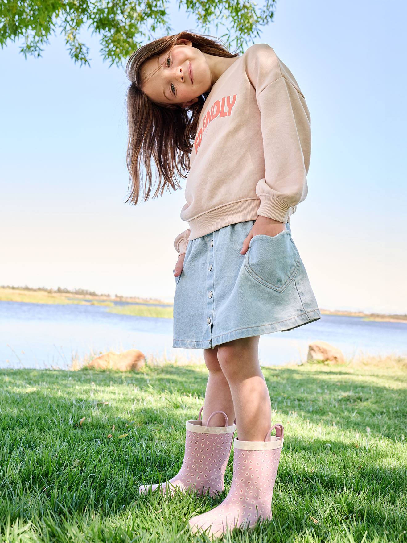 Jupe en jean fille poches coeur denim bleached