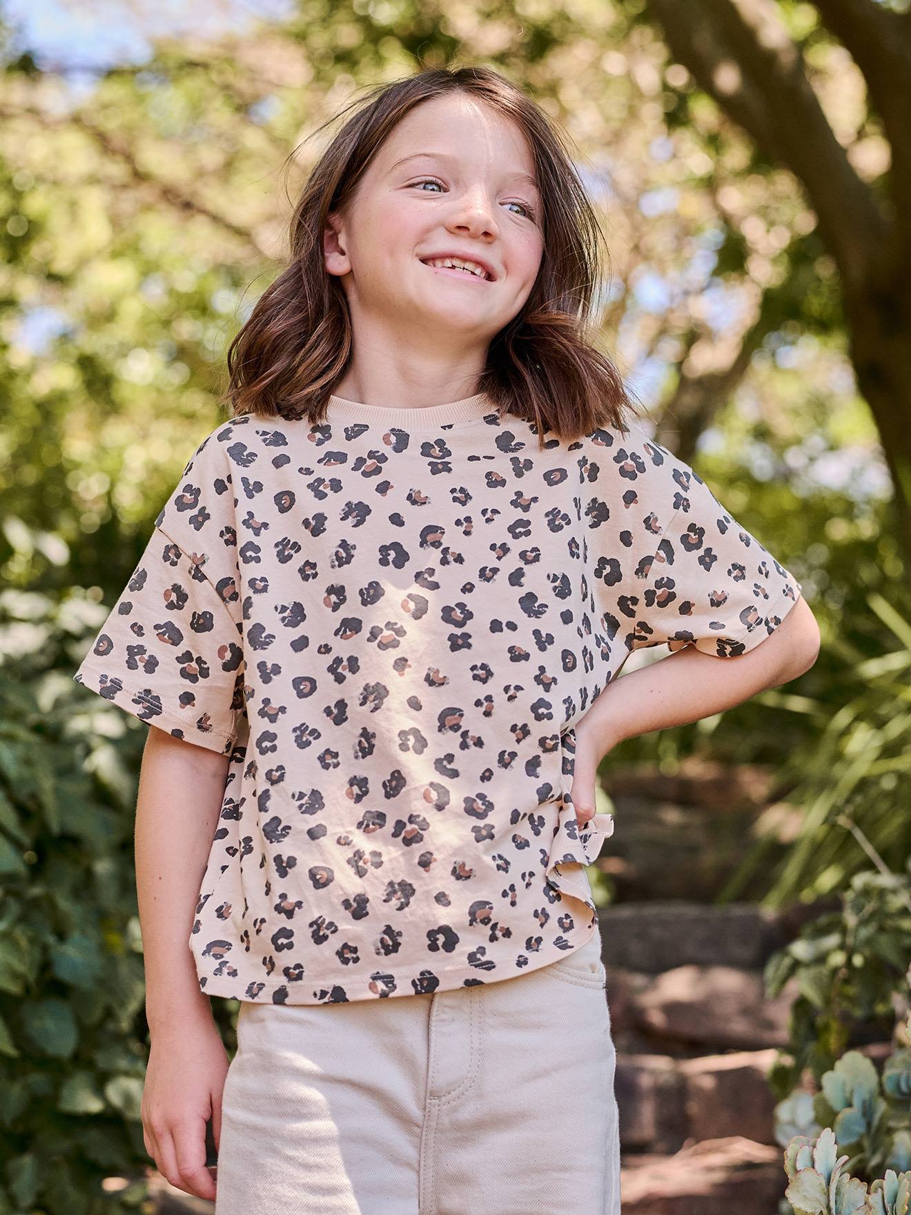 T-shirt fille imprimé manches courtes sable