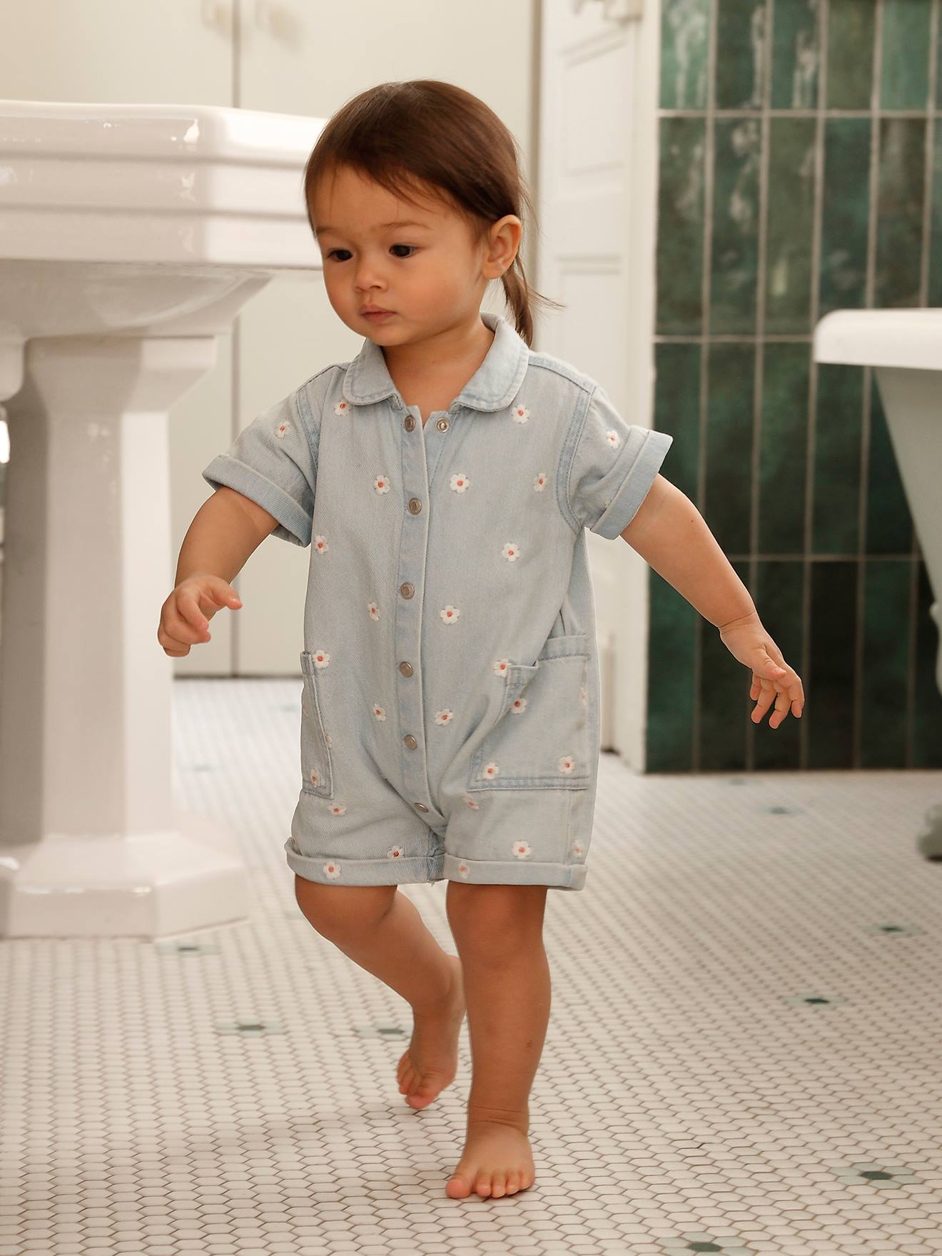 Combishort bébé fille denim denim bleached