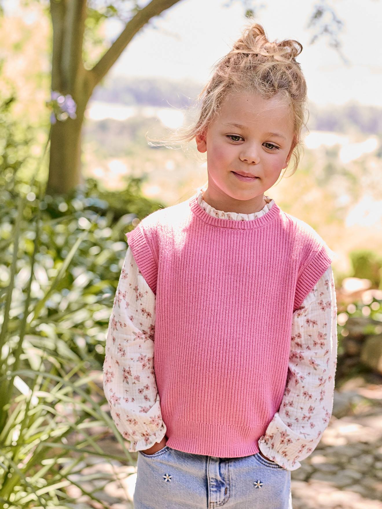 Pull 2 en 1 fille manches rose