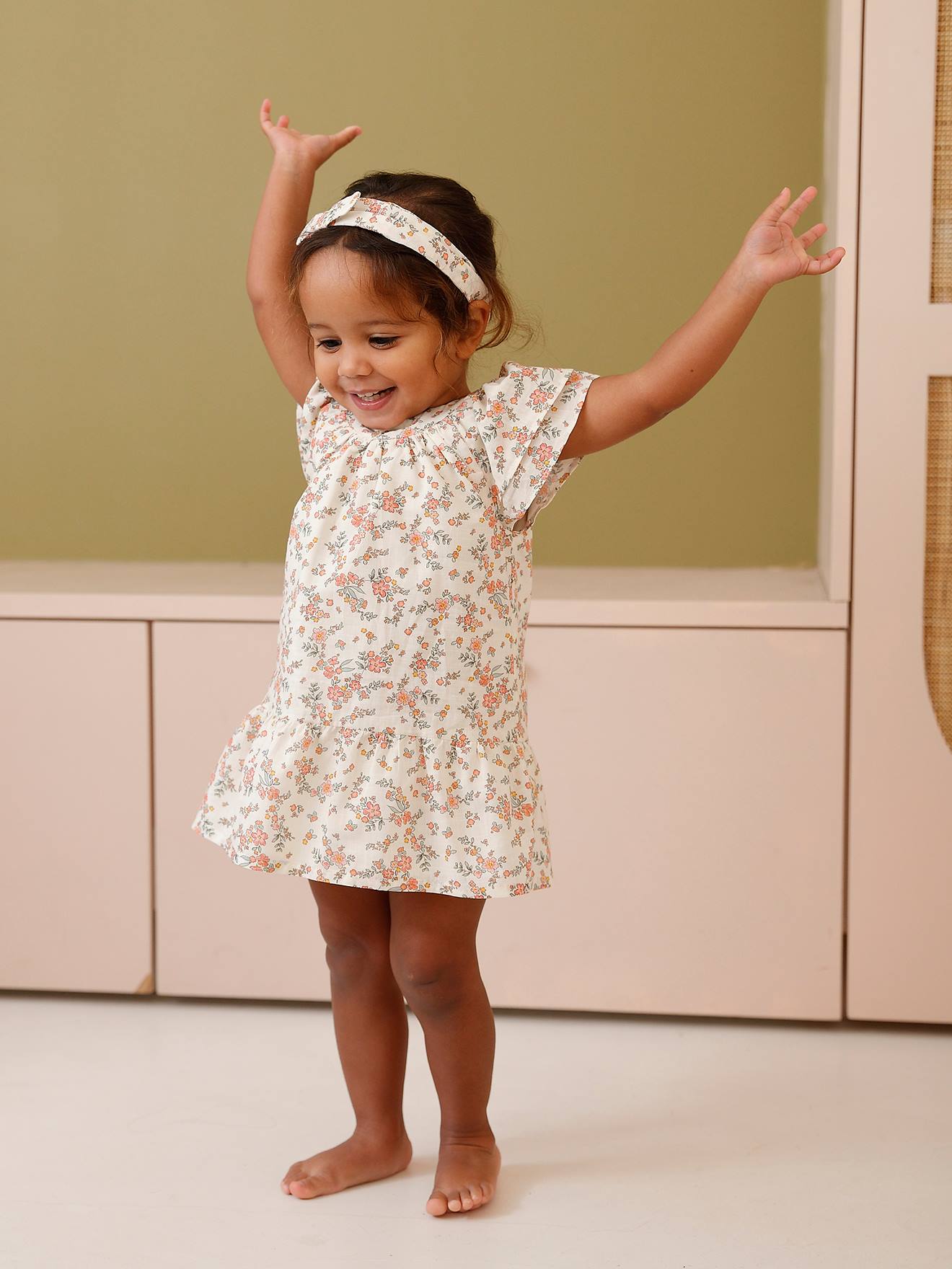 Ensemble bébé fille robe, bloomer et bandeau écru