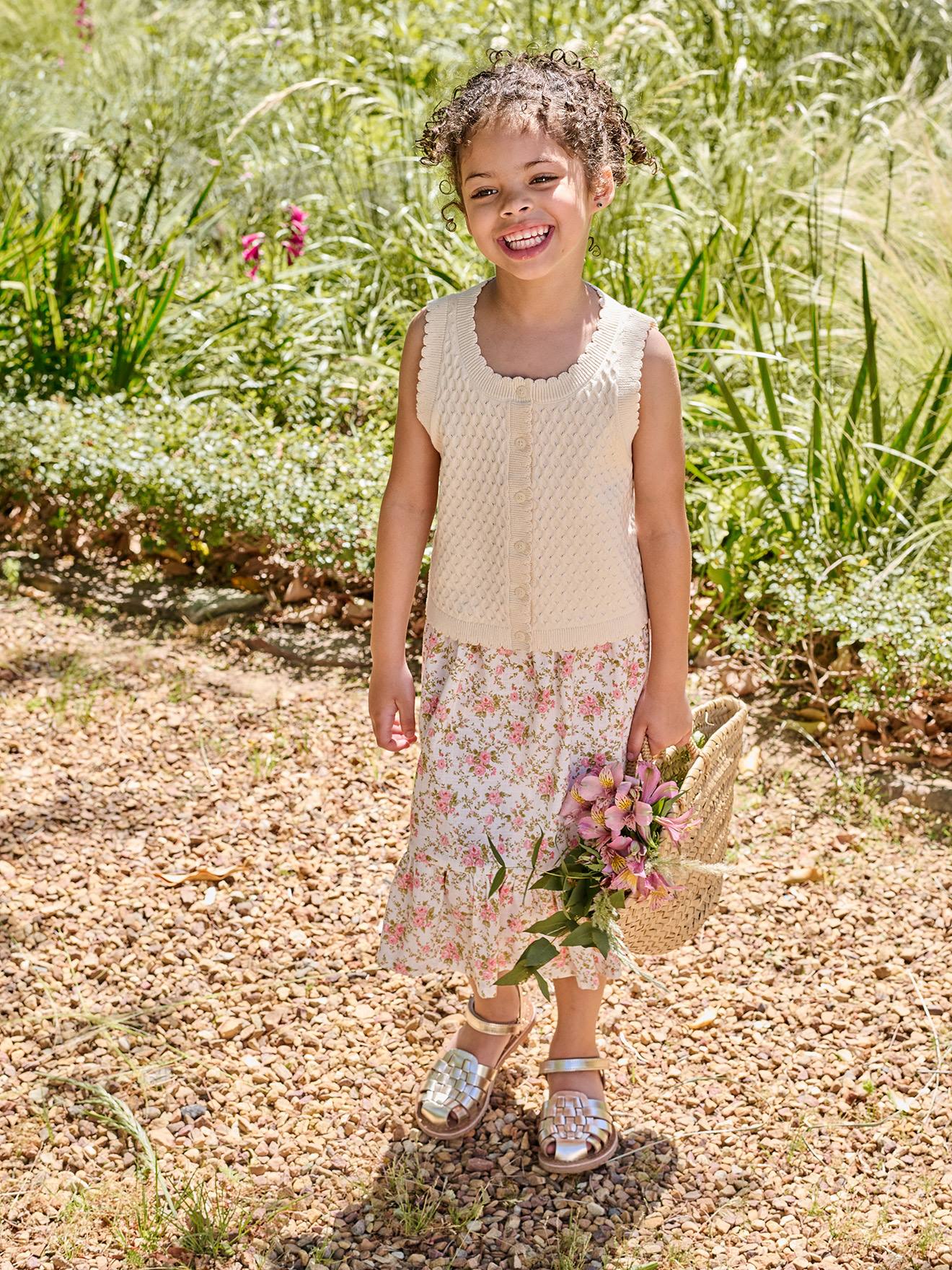 Gilet fille sans manches en maille vanille