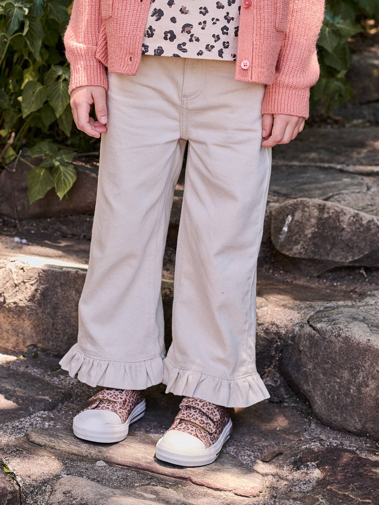 Pantalon fille large à volants écru