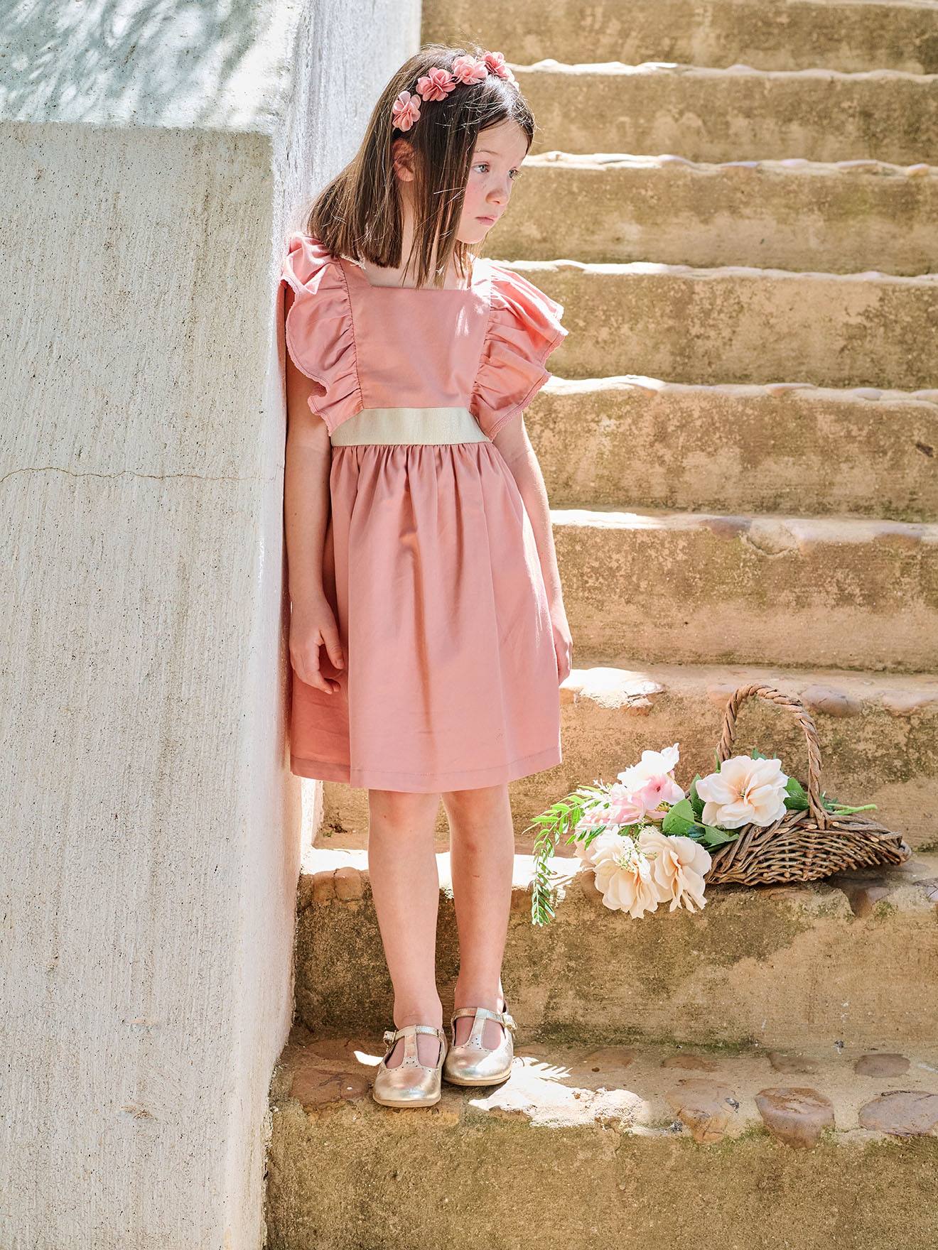 Robe cérémonie fille ceinture dorée blush