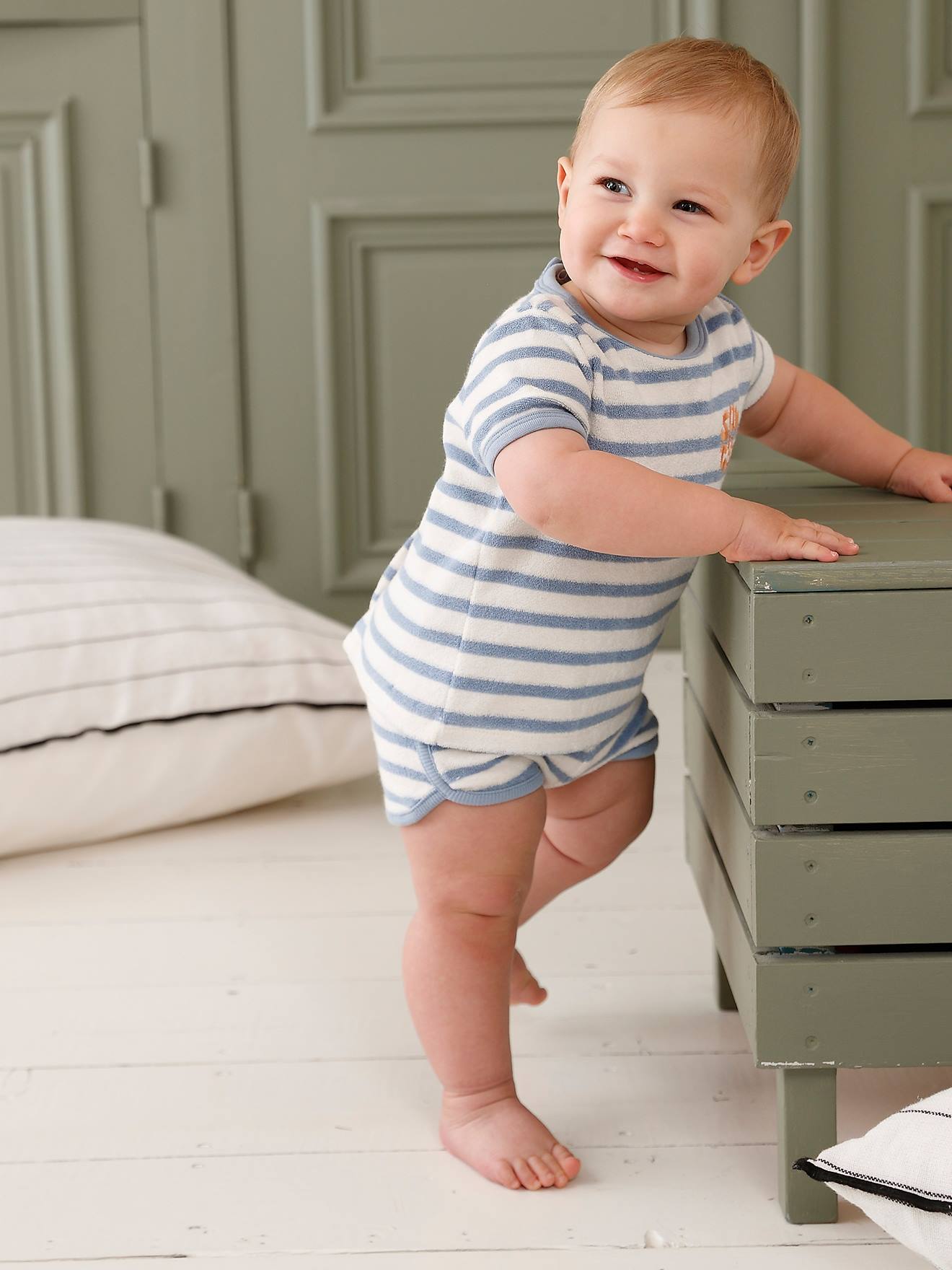 Ensemble bébé tee-shirt + short en éponge rayé bleu