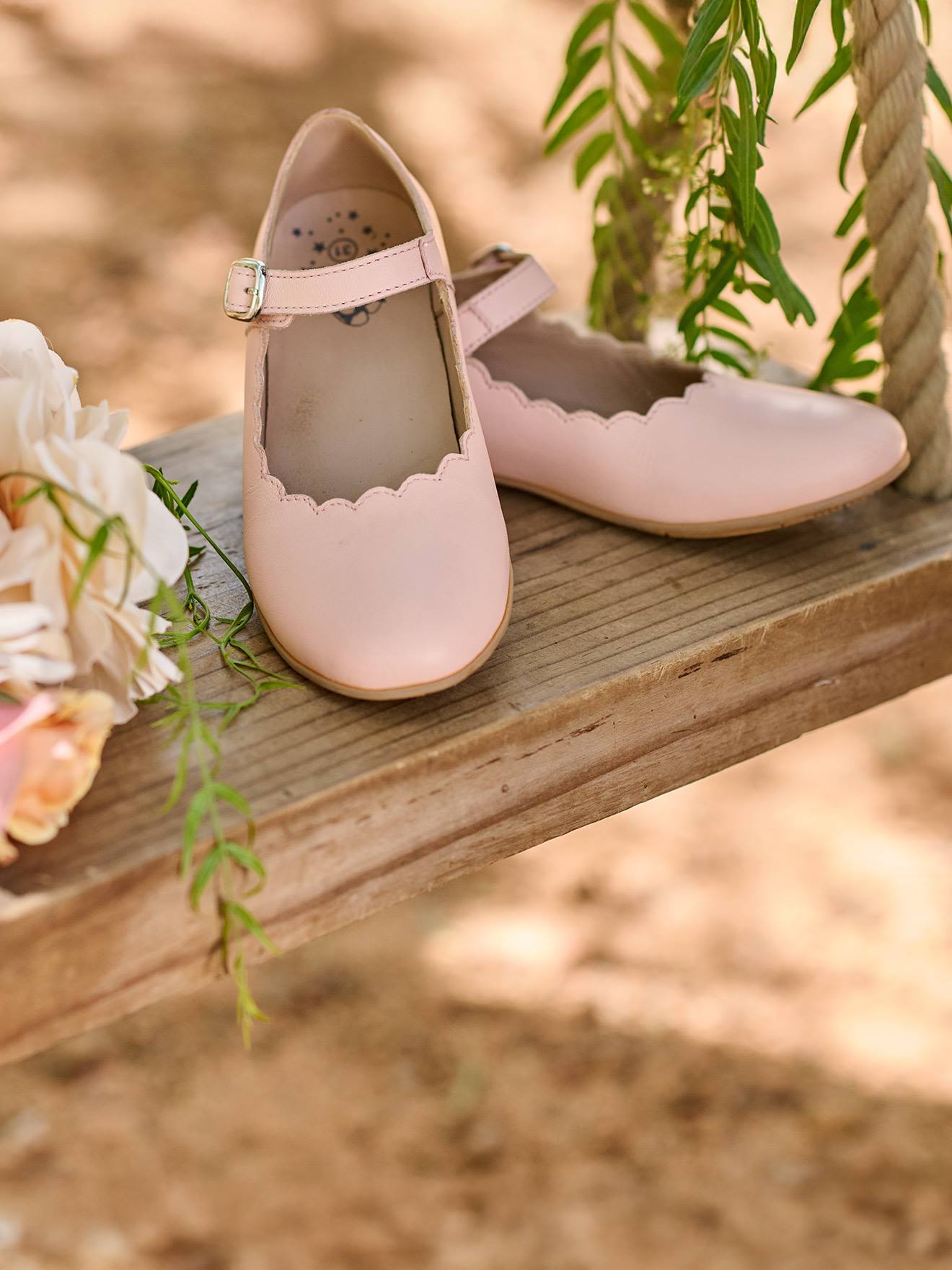 Ballerines fille cuir feston rose clair uni