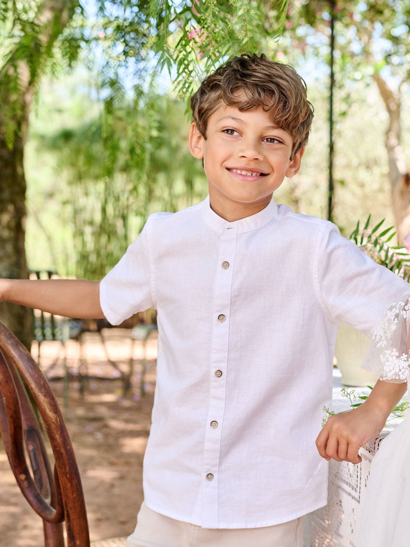 Chemise en lin col Mao garçon blanc