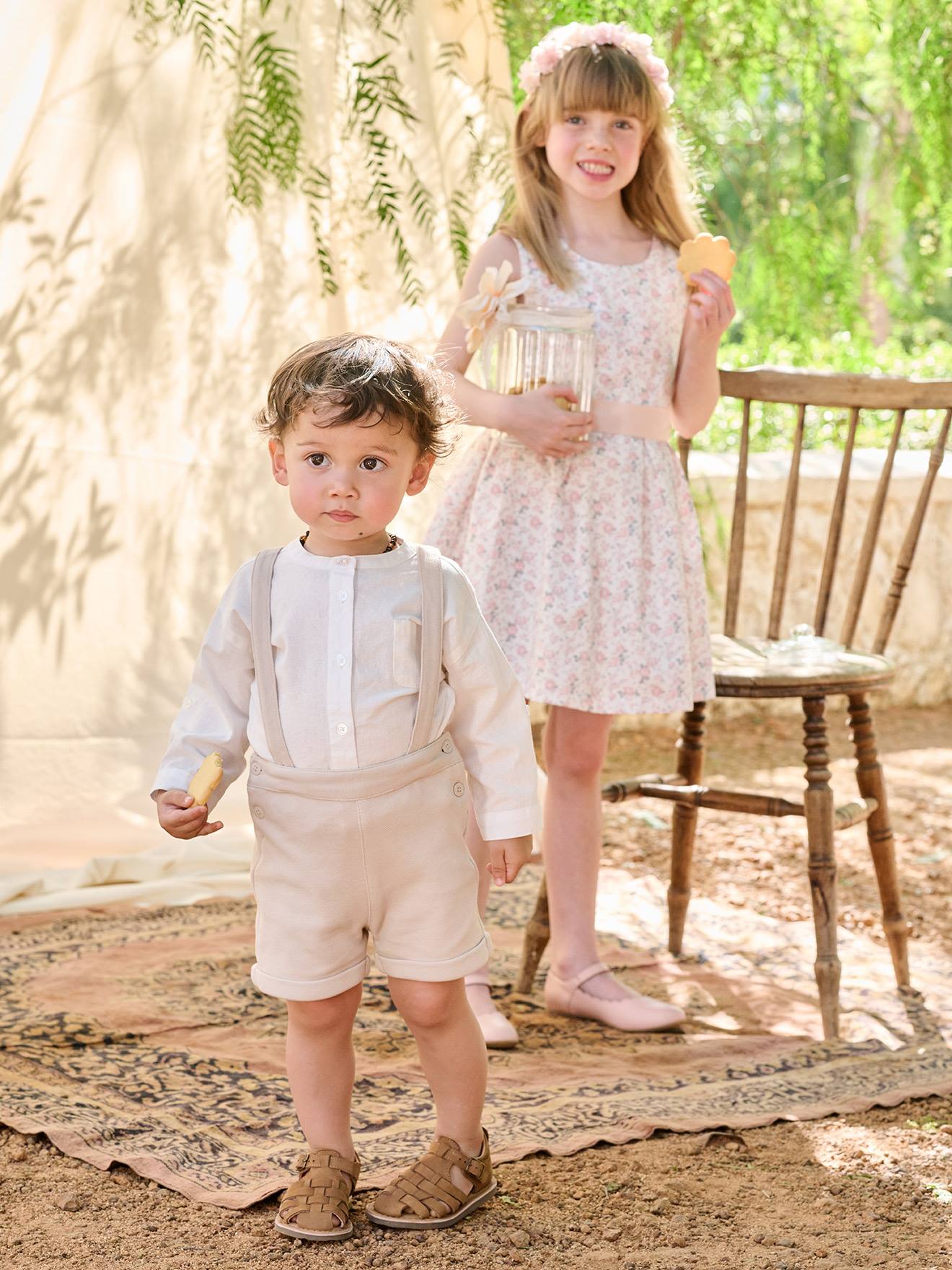 Ensemble bébé chemise et short cérémonie beige