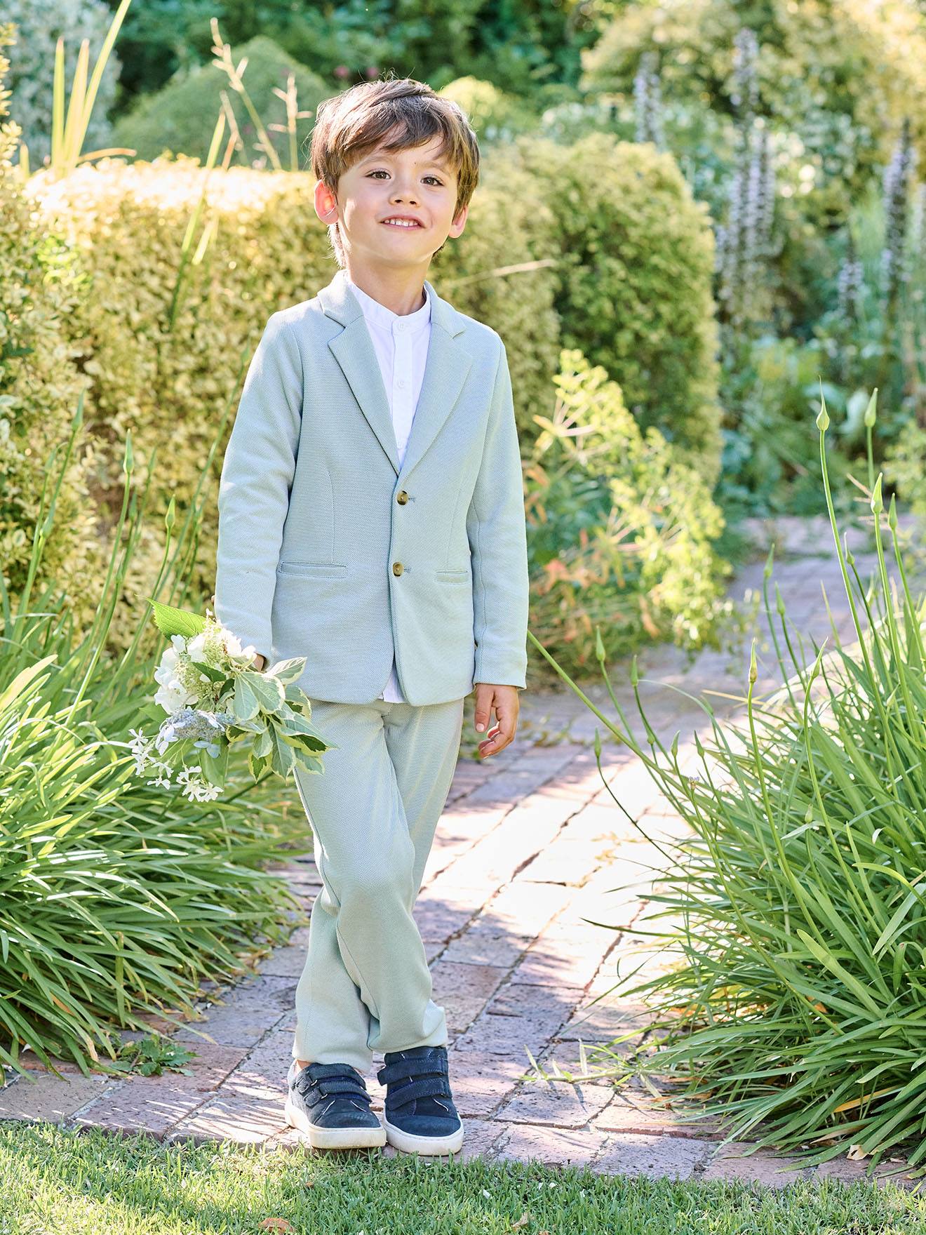 Ensemble céremonie chemise col Mao, veste et pantalon garçon vert d'eau