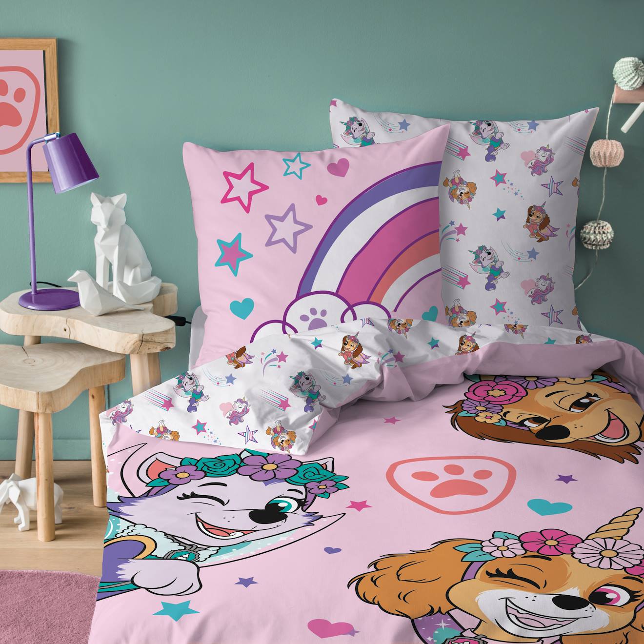 Parure De Lit Imprimée 100% Coton, Pat Patrouille Licorne Rose