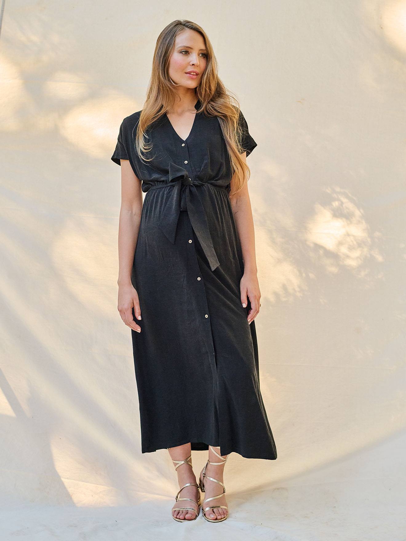 Robe chemise longue en lin mélangé grossesse et allaitement noir