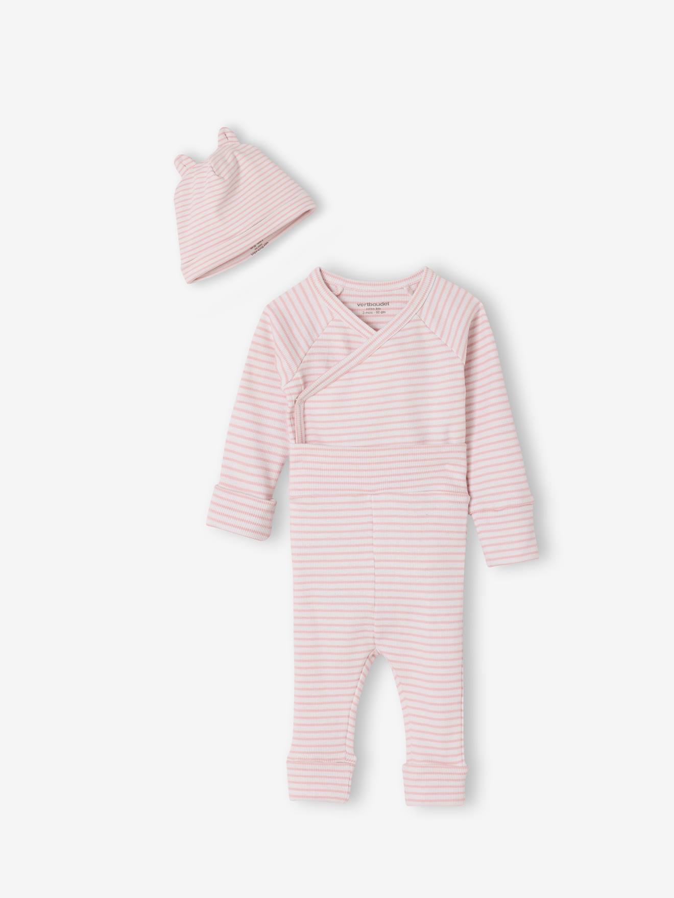 Ensemble bébé body, legging et bonnet rayé rose chiné