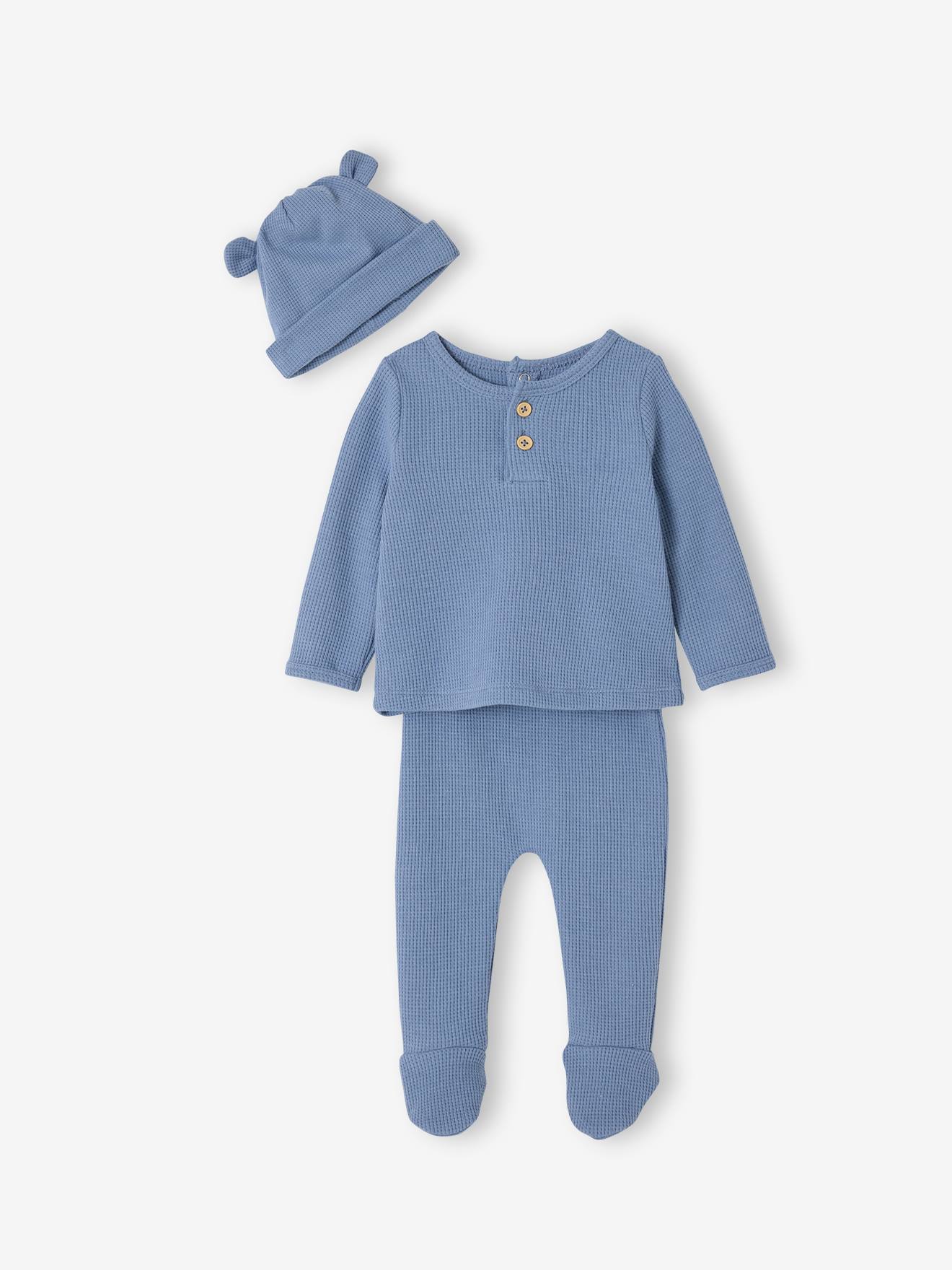 Ensemble naissance 3 pièces tee-shirt personnalisable legging bonnet bleu