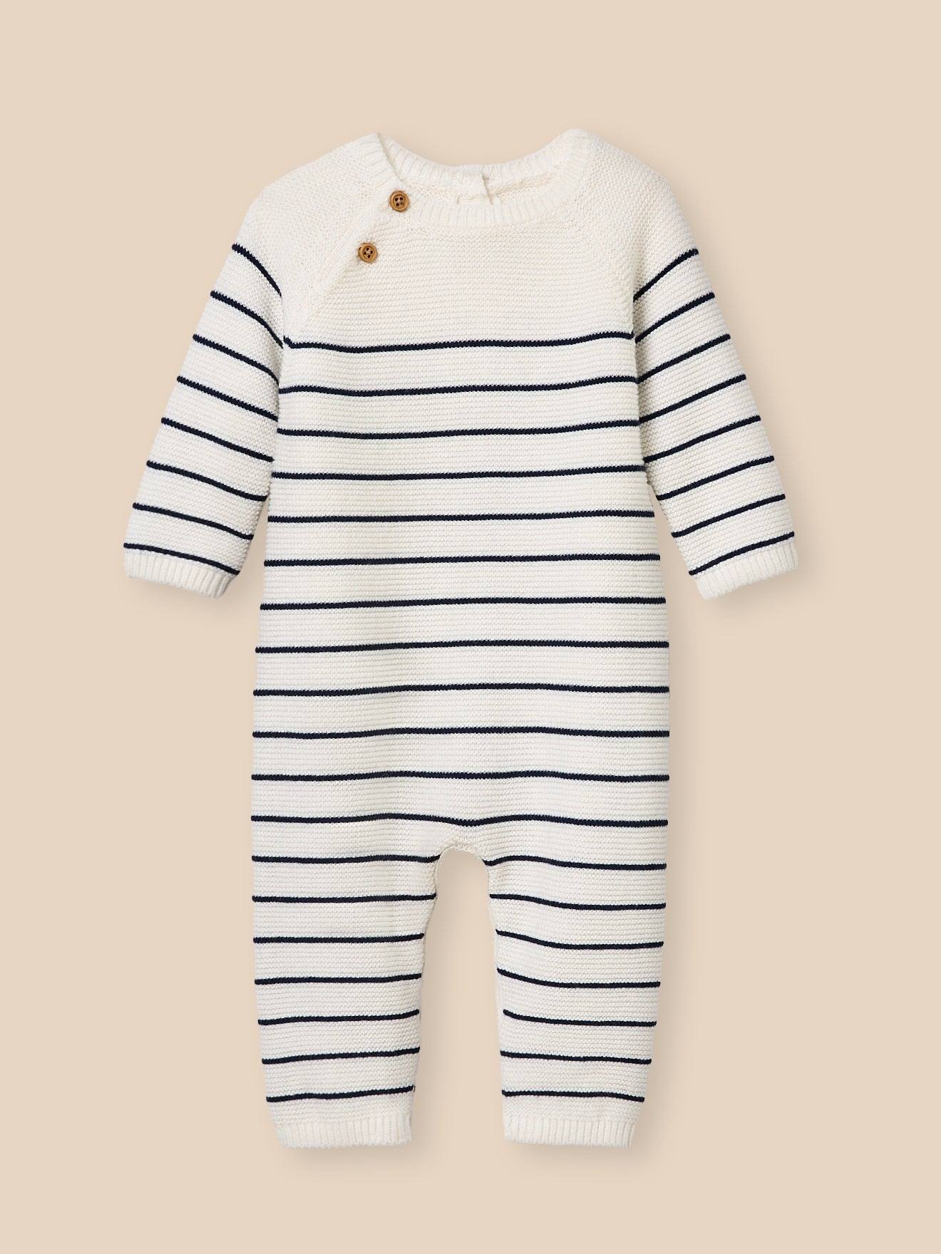 Combinaison Bébé En Coton Biologique Et Laine Rayure Marine/ecru