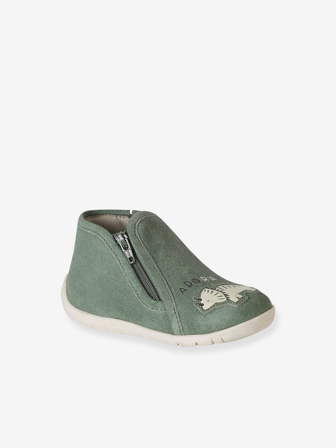 Chaussons bébé cuir souple zip vert sauge