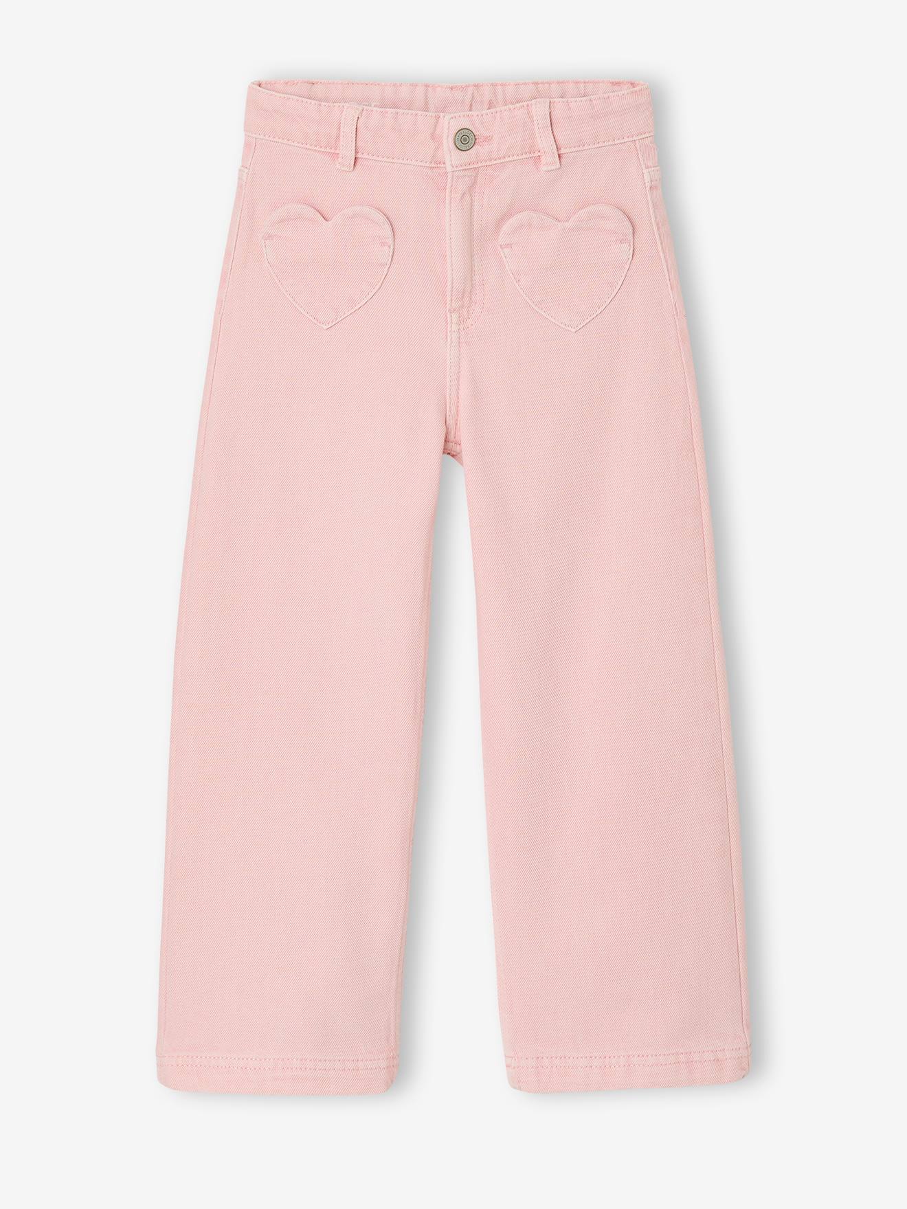 Pantalon large fille poches cœur rose poudré